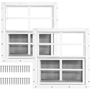 Yuzzy Shed Windows 2 Pack, Chicken Coop Windows 24" x 24" with Tempered Glass and Fiberglass Screen, Flush Mounted Small Window for Shed, Barns, Playhouse, Household, Garage (White)