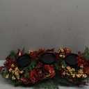 Christmas Candle Holder Xmas Decorations 3 Candle Holders with Burgundy Roses Golden Berries Pine Needles Long Floral Candelabra for Dining Table Mantle and Fireplace Decor