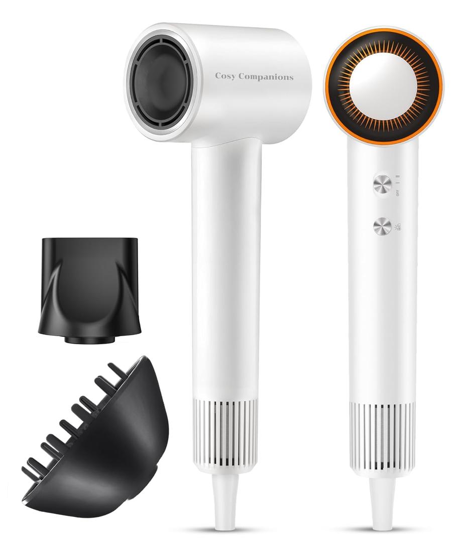 Hair Dryer, 150000 RPM HighSpeed Blow Dryer with 500Million Negative Ions for Fast Drying, Lightweight & ThermoControl, Hair Dryer with Diffuser and Nozzle, Ideal for Salon & Travel, White