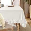 KKJIAF Ivory Velvet Tablecloth 60 x 84 Inch, Retro Farmhouse Ruffle Oblong Tablecloth Washable Table Cover for Wedding Buffet Parties Baby Shower Kitchen Decoration