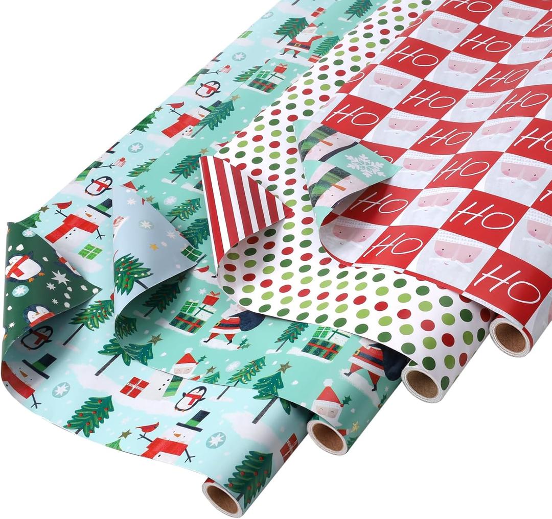 LaRibbons Christmas Wrapping Paper Set, Design with Red Stripe/Santa/Snowflake, Including Gift Tags, Ribbons and Jute Twine, for Xmas, Holiday, 17Inch  10Feet (4 Rolls: 56.68sq.ft.ttl) (Christmas-Snowman&Penguin)