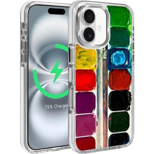 Magnetic for iPhone 16 Case, Compatible with MagSafe, Wireless Slim Clear Shockproof Protective Cover for Women Girl - Watercolor Paint Palette