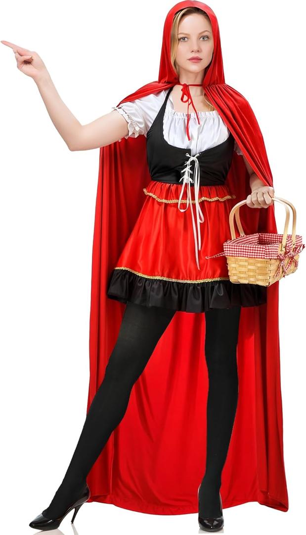 Women's Riding Hood Costume Christmas Halloween Party Dress with Red Cloak Cape Adult Cosplay Costumes for Women (XX-Large)