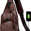 Peicees Leather Sling Bag Mens Crossbody Bag Chest Bag Sling Backpack for Men with USB Charge Port