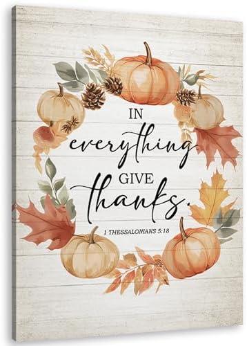 TLESKE Fall Christian Thanksgiving Pumpkins Wall Art Decor, Rustic Autumn Canvas Wall Art Prints for Farmhouse Living Room Bedroom, In Everything Give Thanks Wall Artwork Picture Painting Framed, 11x14