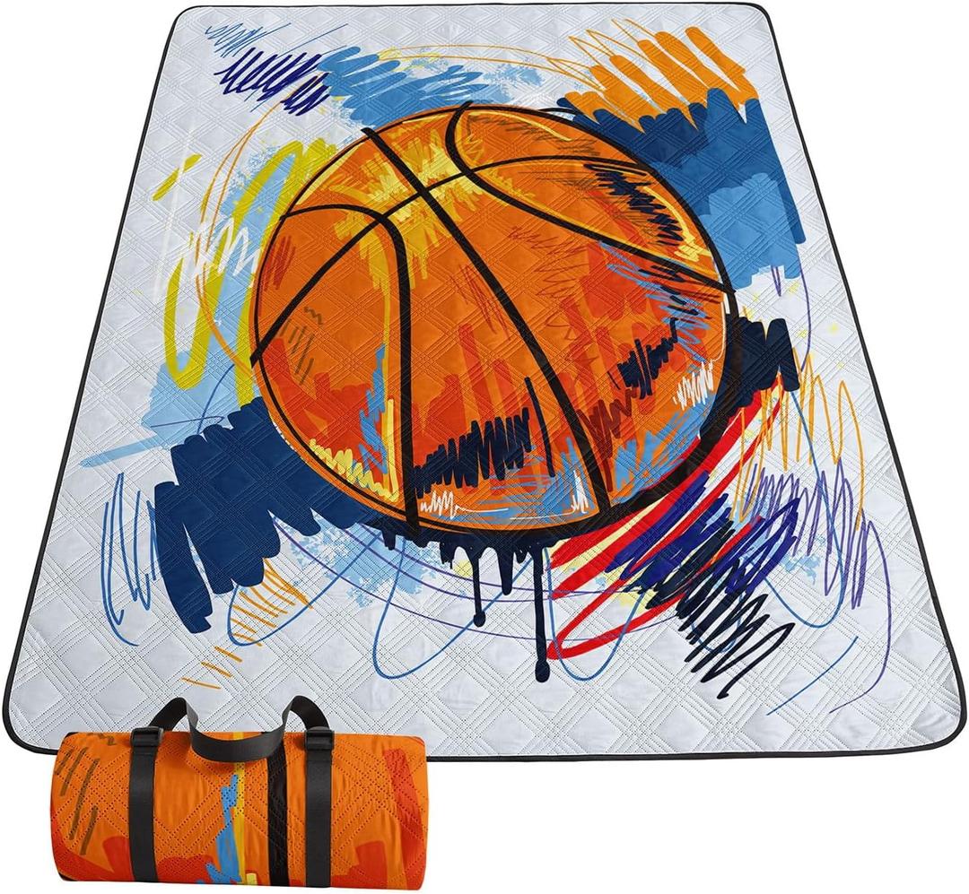 Outdoor Picnic Blanket,Portable Sandproof Waterproof Picnic Mat,Painted Basketball Printed Camping Beach Mat for Sand and Wet Grass Hiking (Painted Basketball S) (S)