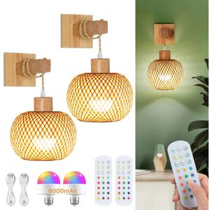 Battery Operated Wall Sconce with Remote Set of 2, Rechargeable Boho Wall Sconces with 8000mAh Bulbs, 3CCT+12RGB Dimmable Woven Bamboo Wall Light/Lamp Rattan Sconces for Bedroom Living Room