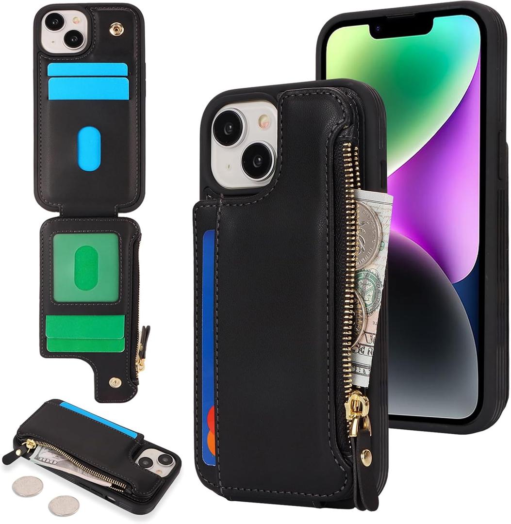 Cavor for iPhone 13 Case with Card Holder, for iPhone 14 Wallet Case for Women Men, Leather Magnetic Clasp Zipper Pocket Protective Phone Cover-Black