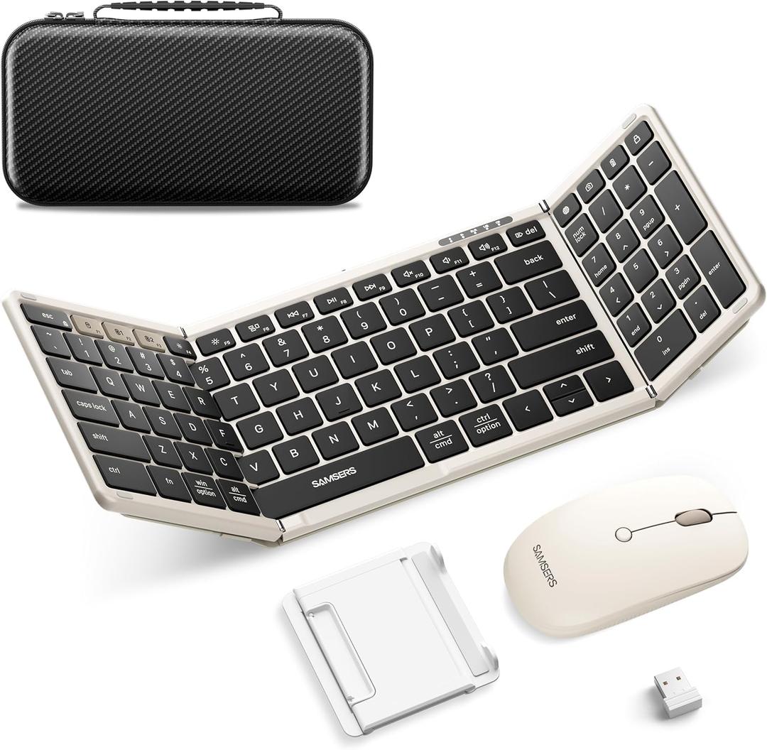 Foldable Keyboard and Mouse, Samsers Folding Bluetooth Keyboard Combo, 2.4G + BT5.0 x 2, Full-Size Portable Travel Keyboard & Rechargeable Wireless Mouse for Windows Android iOS Mac OS, Starlight
