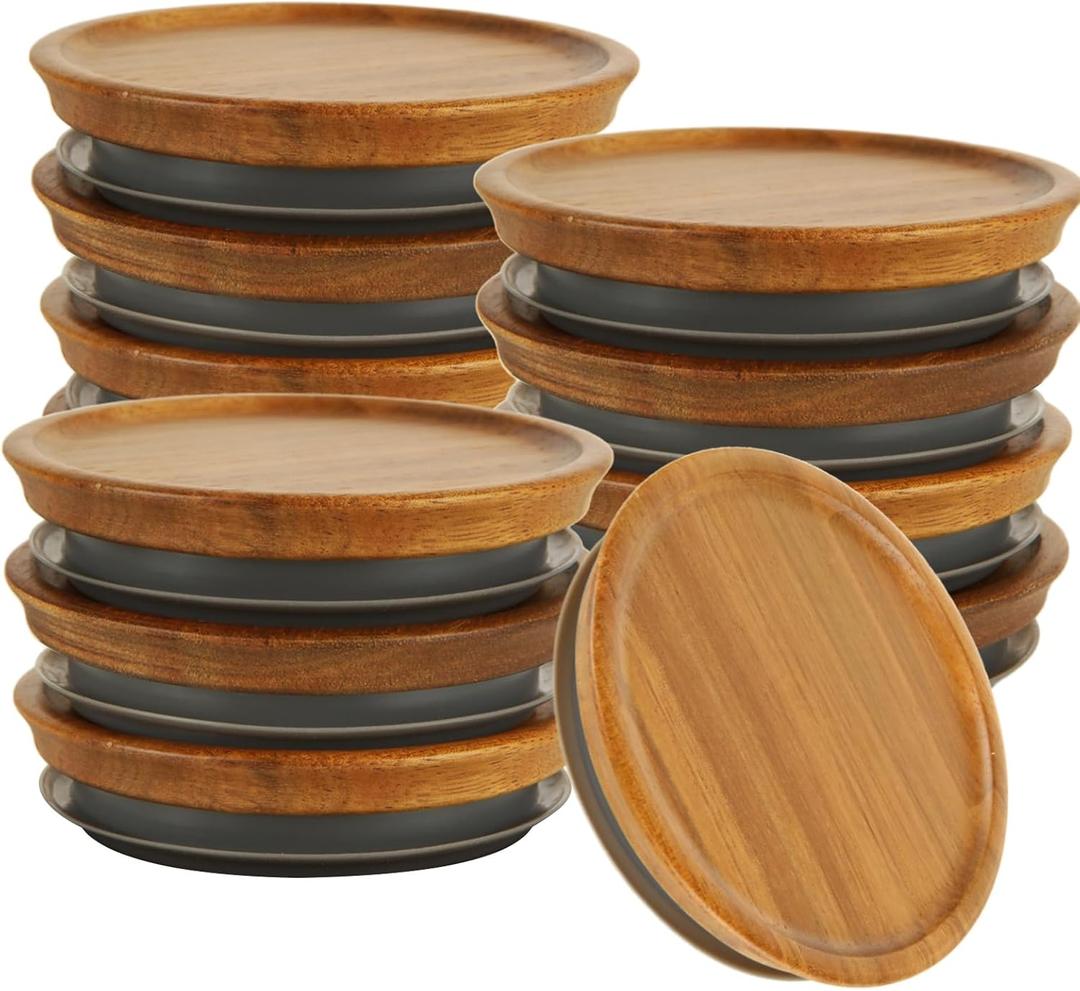 12PCS Wooden Wide Mouth Mason Jar Lids, 3.6x0.8 Inch Acacia Wooden Storage Canning Jar Lids Ball Jars, Reusable Wooden Storage Lid with Silicone Seal for Ball Mason Jar Canning Jars