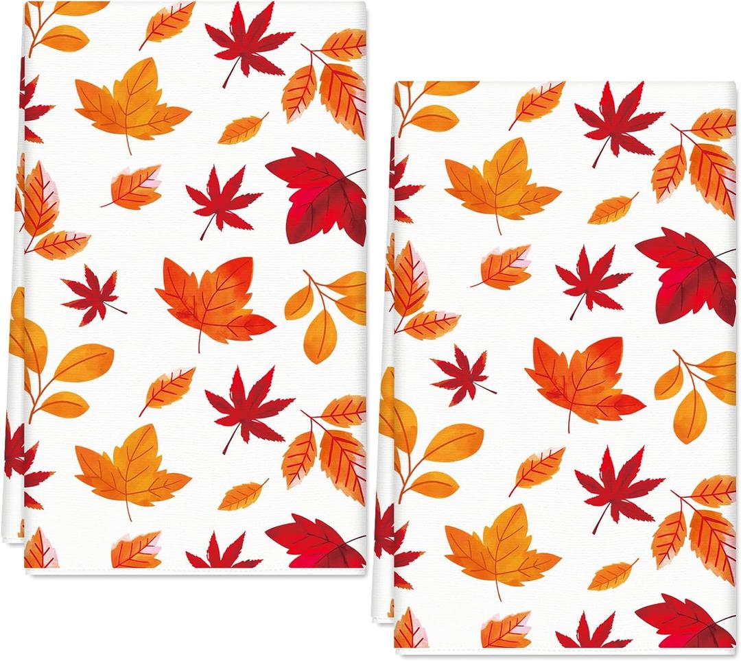 Fall Leaves Kitchen Dish Towel 18 x 28 Inch Orange Red Autumn Maple Leaves Dishcloth Decorative Hand Drying Tea Towel for Thanksgiving Cooking Baking, 2 Pcs