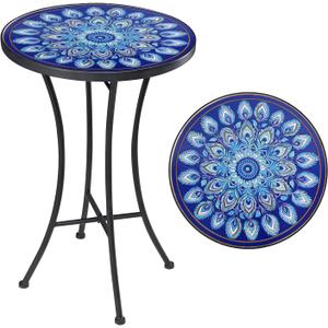 Vipush Mosaic Outdoor Side Table, 14" Round Folding Plant Stand for Patio Garden Backyard Balcony Porch Indoor Accent End Table for Living Room, Ceramic Tabletop with Black Iron, Blue Feather