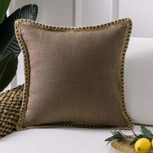 Phantoscope Farmhouse Solid Throw Decorative Pillow Cover Burlap Linen Trimmed Tailored Edges Outdoor Pillow Coffee 18 x 18 inches, 45 x 45 cm