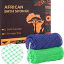 3 x African Net Sponge Authentic with Knots, 2 Pieces Exfoliating Body Scrubber for All Skin Types, Real African Exfoliating Bath Sponge Wash Cloths, Shower Accessories for Women Men (Blue & Green)