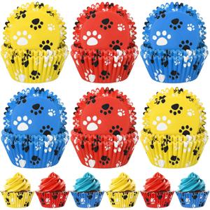200 count Paw Bone Cupcake Liners Dog Wrappers Paw Pattern Cup Cake Holder Puppy Dog Theme Cupcake Wrappers for Baby Shower Birthday Party Supplies(Blue Red Yellow)