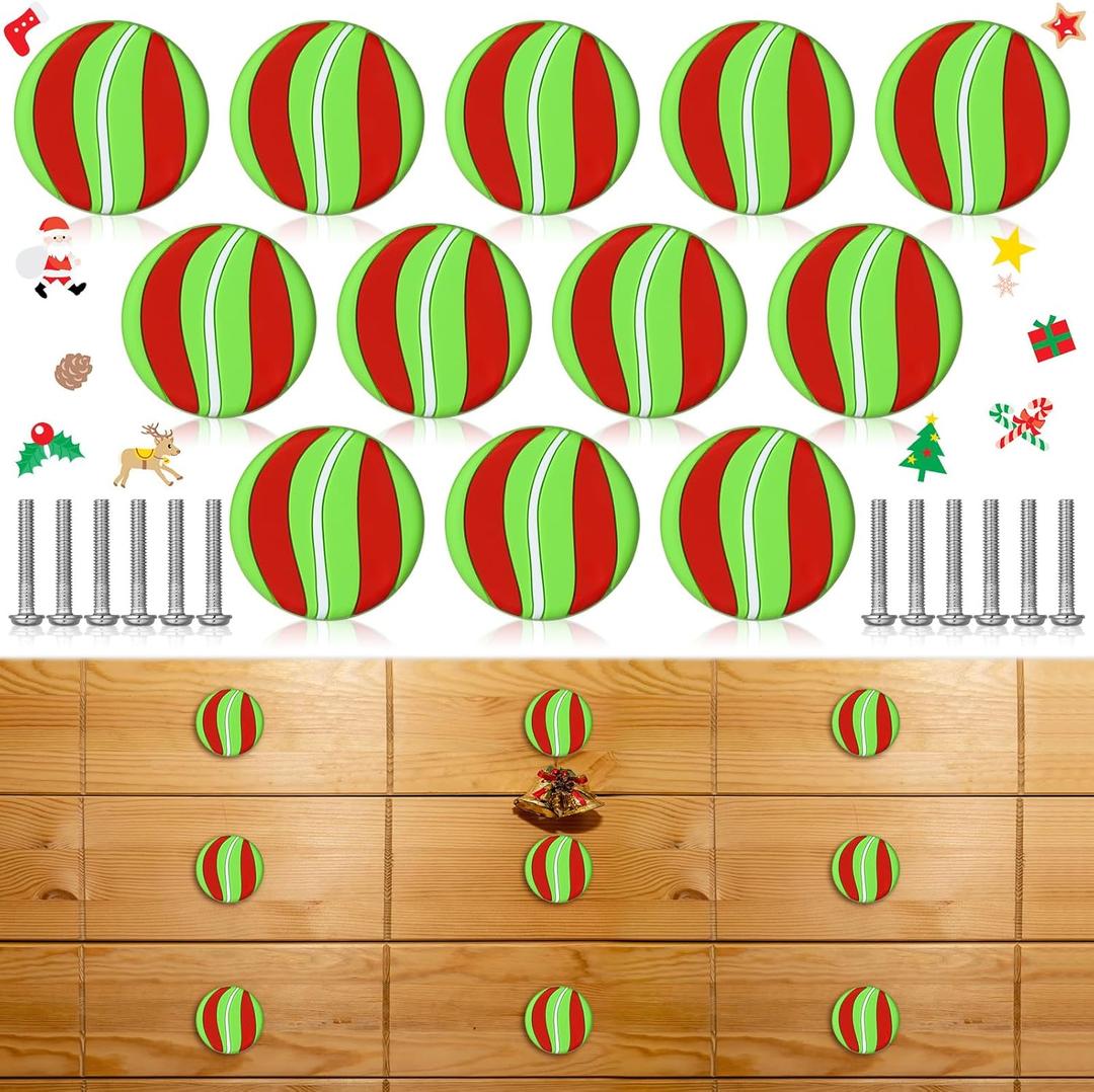 Yookeer 12 Pcs Christmas Knobs Covers for Kitchen Cabinet Red and Green Silicone Drawer Knobs 2 Inches 3D Peppermint Christmas Drawer Pulls with Screws for Holiday Kitchen Bathroom Dressers Decor