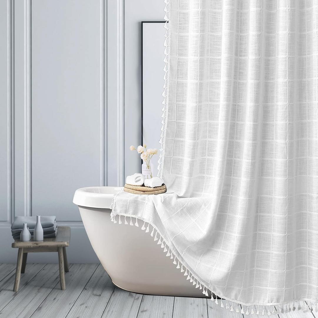 Farmhouse White Extra Long Shower Curtain - Boho Modern Linen Fabric Shower Curtains for Bathroom, Aesthetic Country Heavy Duty Bathroom Curtain Set with Tassel - Bohemian Shower Curtain 71x94 Inches