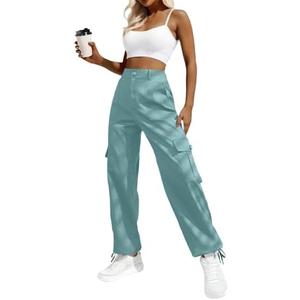 Lepunuo Women's High Waisted Cargo Pants Travel Y2K Streetwear Baggy Stretchy Pants with 6 Pockets Drawstring Ankle Cuffs M, Aqua Sea