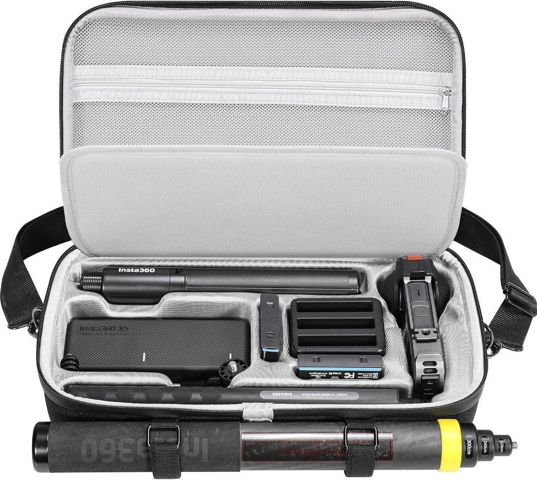 AMAZEAR Carrying Case for Insta360 X5 X4 Air Accessories, Portable Insta 360 X5 Action Camera Waterproof Travel Bag with Shoulder Strap, Compatible with Insta360 X4 Air, 3M 9.8ft Selfie Stick, Black