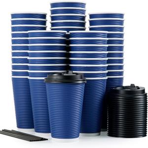 LITOPAK 80 Pack Insulated Ripple Wall 16 oz Disposable Paper Cups, Three Layer Insulated Hot Paper Coffee Cups with Lid and Straws for Parties, Picnics, and Travel (Blue)