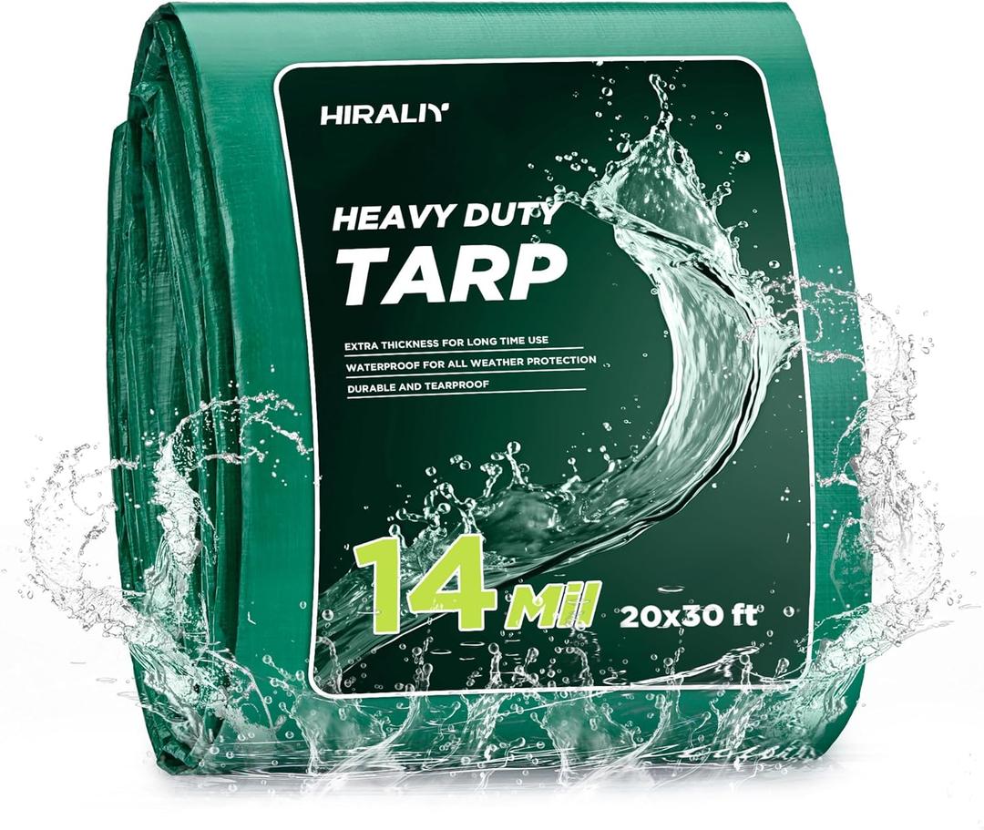 HIRALIY 14 Mil Tarp Waterproof 20x30 Feet, Thick Heavy Duty Tarp with Reinforced Grommets for Firewood, Roof, Camping, Patio, Pool, Boat, Dump Trailer (Green)