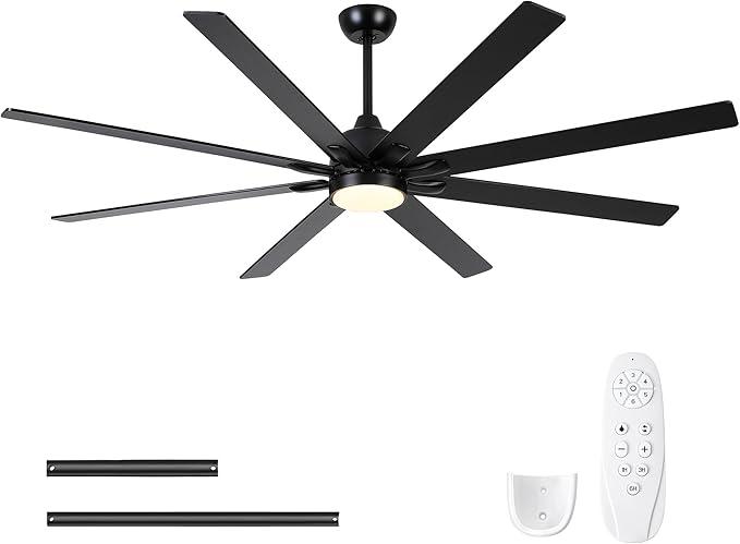 Sevenine 72 Inch Ceiling Fans with Lights and Remote, 8 Black Wood Blades, Large Ceiling Fan with 6 Speed Reverse DC Motor, 3 Color Dimmable LED, Downrod For Indoor Rooms Living Room Patio Farmhouse