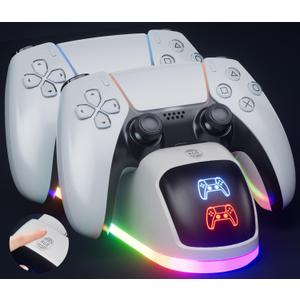 PS5 Controller Charger Station2025 Upgrade Version with 10 LED Mode & RGB Button, Safe Fast Charging and Overcharge Protection Dock for Dualsense PlayStation 5 Controllers