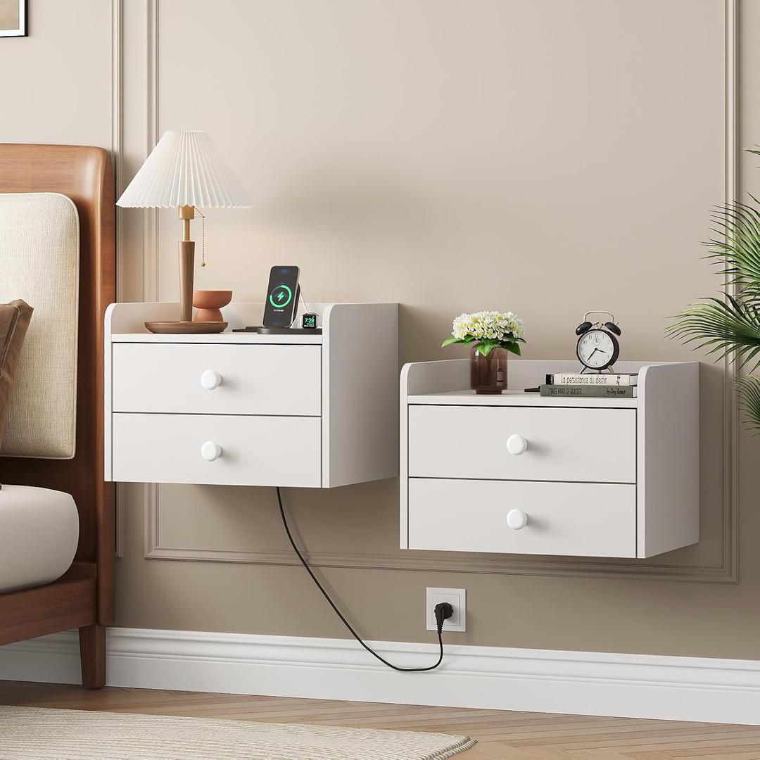 Floating Nightstand Set of 2 with 2 Storage Drawers and Charging Station Wood Wall Mounted Bedside End Table Modern Night Stands Set 2 for Bedroom,Small Space,White, 15.8 inches x 11.5 inches x 11.5 inches