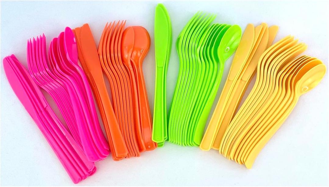 Neon Plastic Cutlery Set, 24 Guest Party Pack, Pink Orange Green Yellow, Multi-Purpose Party Supplies