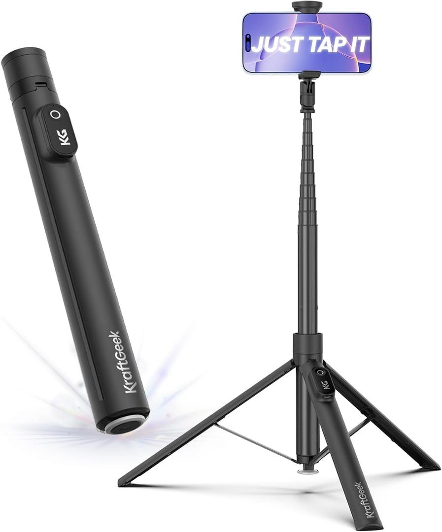 KraftGeek Automatic Tripod for iPhone, 66" Phone Tripod Selfie Stick for Cell Phone, Tripod Stand with Remote for Video Recording, Black