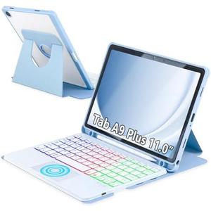 MePadKey Touchpad Keyboard Case for Samsung Galaxy Tab A9 Plus 11 inch SM-X210/X215/X216, 360 Degree Rotating Cover with Color Backlight Magnetic Removable Keyboard for Tablet A9+ (Sky Blue+White)