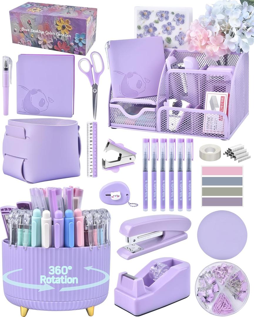 Purple Desk Accessories and Organizers with Desk Organizer and 360Rotating Pen Holder stapler Pen and a Lot of Office Purple Office Supplies Beautifully Presented in a Gift Box