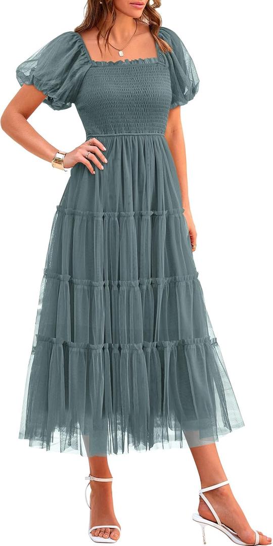 PRETTYGARDEN Women's Smocked Tulle Midi Dress 2025 Summer Square Neck Puffy Short Sleeve Ruffle Wedding Guest Party Dresses (XX-Large)