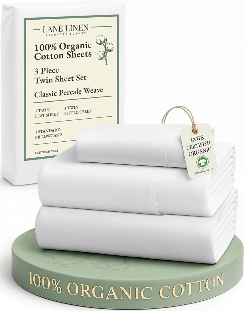 LANE LINEN 100% Organic Cotton Twin Sheets Set, 3Pc Twin Bed Sheets, Soft & Comfy Breathable Cotton Percale Sheets for Twin Size Bed, Dorm Room Essentials Low Pill Fade Resistant White Sheets (01: Pure White)