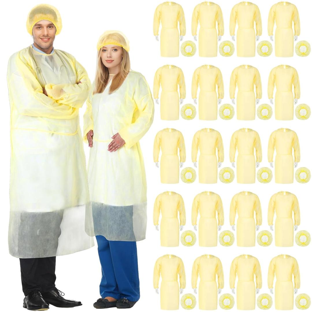 Xuhal 25 Set Disposable Isolation Gowns Set PPE Gowns Disposable and Non Woven Bouffant Caps with Elastic Cuffs for Labs Home Isolation Beauty Agencies Food Service, Unisex Adult (Yellow)