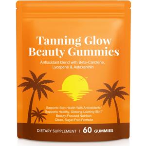 Tanning Gummies with Astaxanthin for Women and Men, Sunless Tanning Gummies with Beta Carotene, Lycopene & Astaxanthin, Healthy Tanning Skin, Vegan & Sugar Free - 60 Count, Best By: 03/27/2029