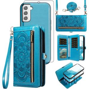 Asuwish Phone Case for Samsung Galaxy S22 5G Zipper Wallet Magnetic Detachable Cell Cover with Tempered Glass Screen Protector Crossbody Strap Flower Card Holder S 22 22S 4G G5 6.1 inch Women Men Blue