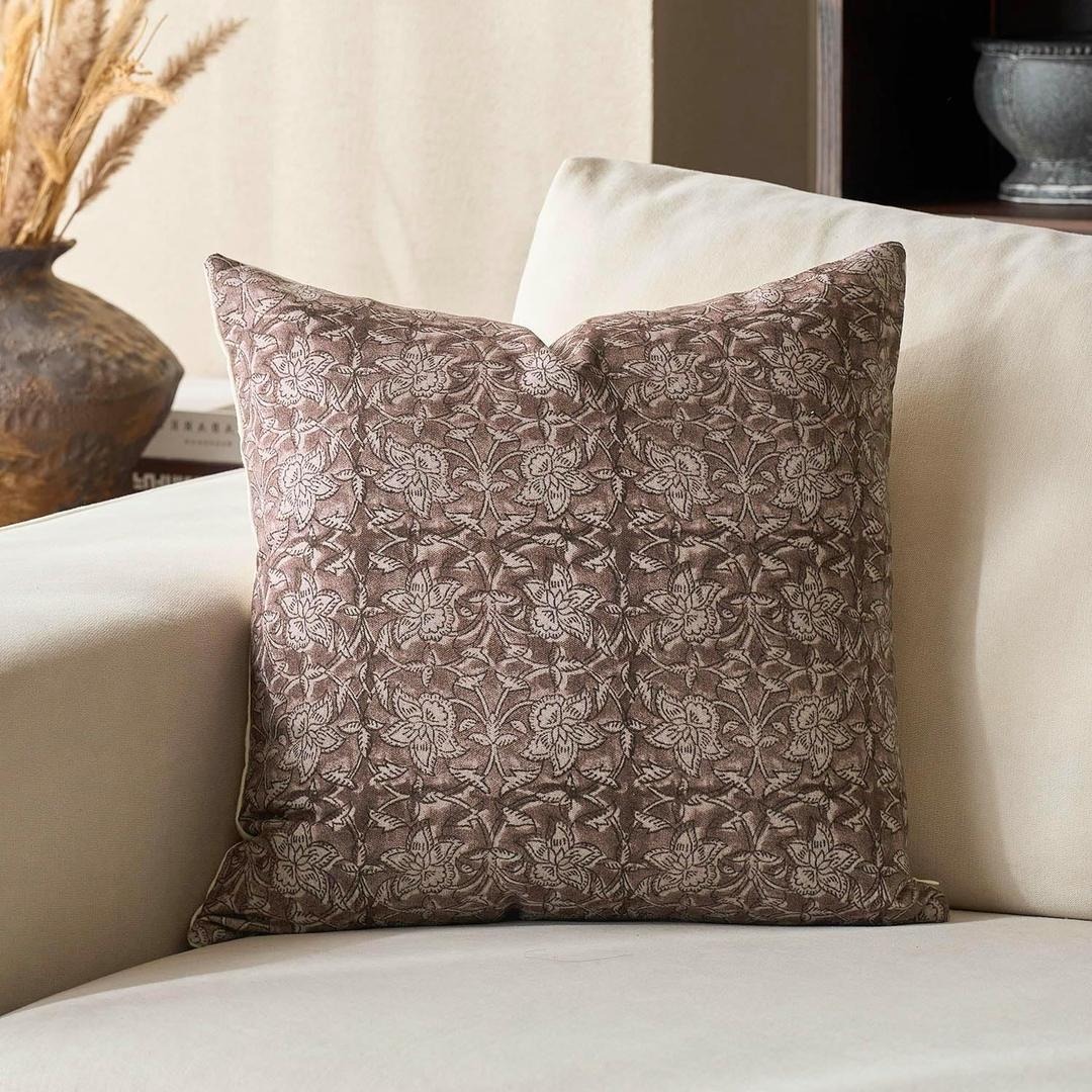 DOMVITUS Floral Pillow Covers 20x20 Throw Pillow Covers Block Print Vintage Decorative Neutral Pillow Cover for Couch Bed Living Room Dark Brown 1 PC