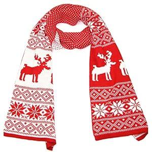 LOVARZI Red Christmas Scarf Women and Men - Xmas Scarfs with Fairisle, Snowflake and Reindeer Design - Warm Long Knitted Winter Scarves for Gents and Ladies - Gift For Him or Her This Christmas (Red)