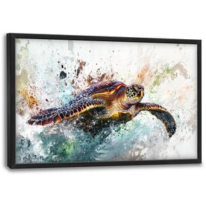 Extra Large Framed Sea Turtle Wall Art,Oversized Abstract Colorful Sea Nautical Wall Decor Pictures for Living Room,Canvas Print Painting Modern Artwork Bedroom Office Bathroom Home Decor 36L x24W