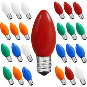 C7 LED Christmas Lights Replacement Bulbs, 25 Pack 0.6w C7 Ceramic Multicolor Light Bulbs with E12 Candelabra Base, Vintage Colored Light Bulbs for Indoor/Outdoor Christmas String Lights