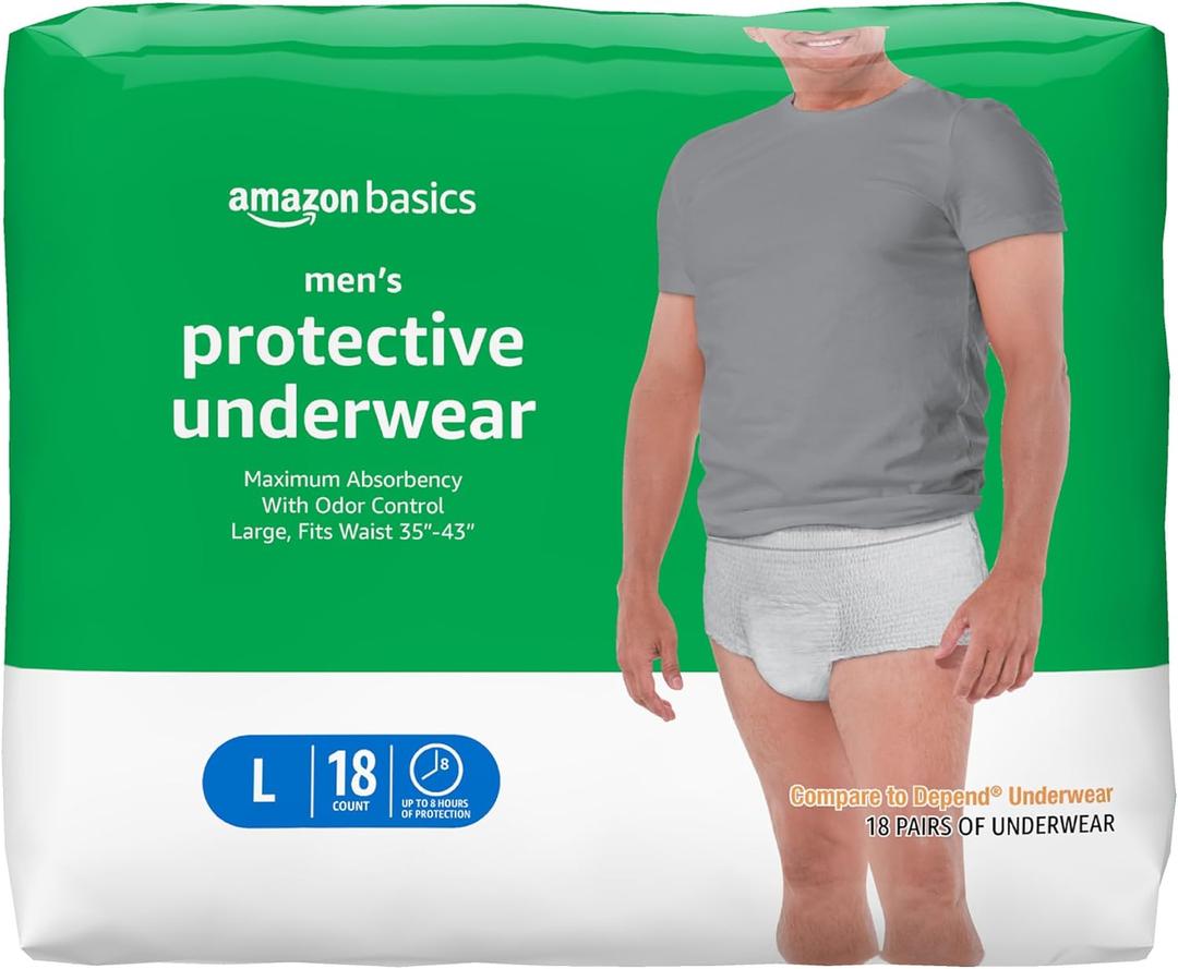 Amazon Basics Incontinence Underwear for Men, Maximum Absorbency, Large, 54 Count (3 Packs of 18) Amazon Basics Incontinence Underwear for Men, Maximum Absorbency, Large, 54 Count (3 Packs of 18)