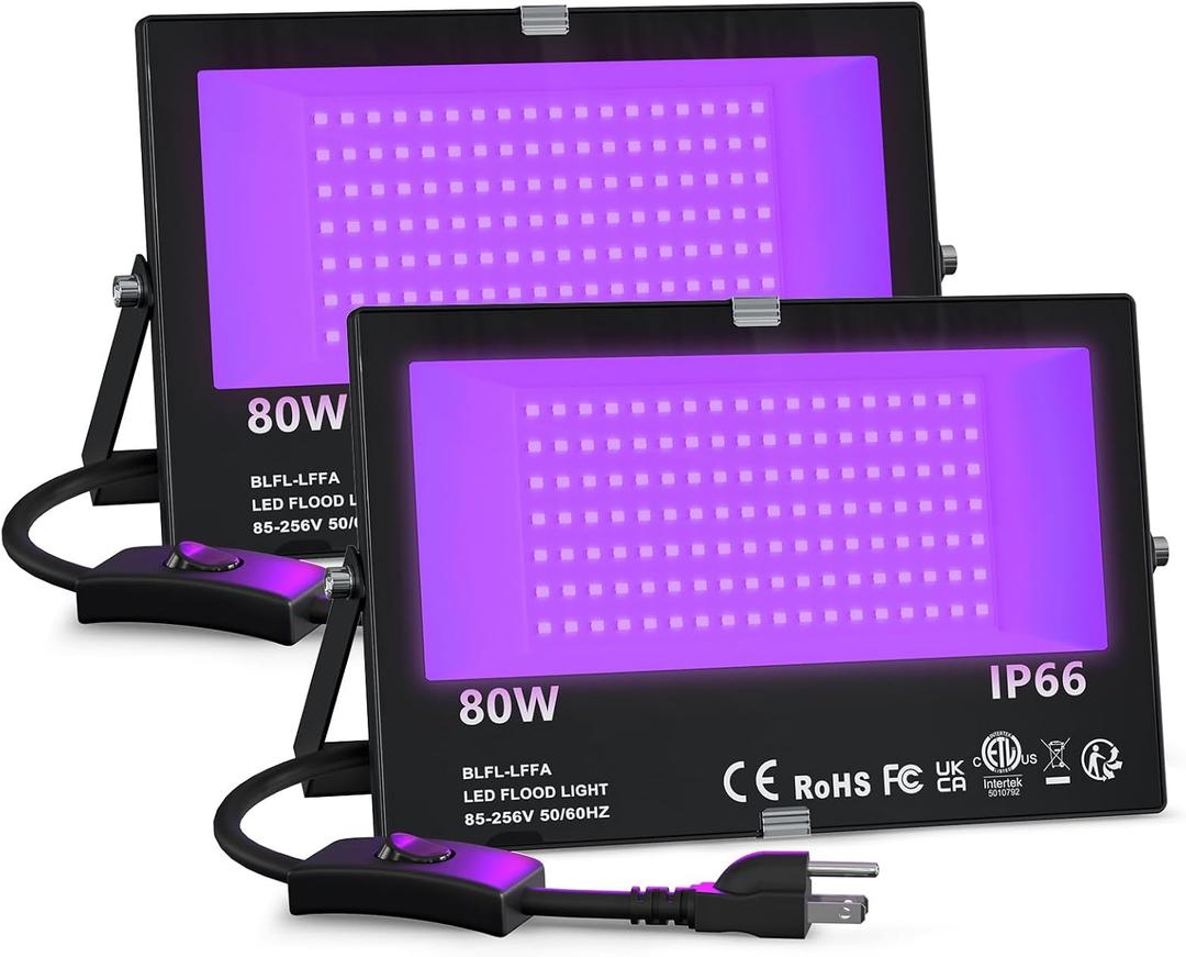 Black Light 80W LED Blacklight for Glow Party, Halloween Decorations, Neon Birthday Party, Body Paint, Fluorescent Tapestry Poster, IP66 Waterproof UV Flood Light Outdoor with Plug and Switch, 2 Pack (80W Black Lights 2)