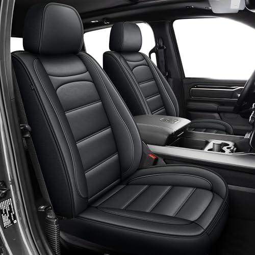 IKABEVEM Seat Covers Fit for Dodge RAM 1500 2002-2025 2026: Compatible with RAM 1500 2500 3500 Crew Double Quad Cab Truck Pickup Car Seat Cover Faux Leather Seat Covers(Flat Bench, Front Pair, Black)