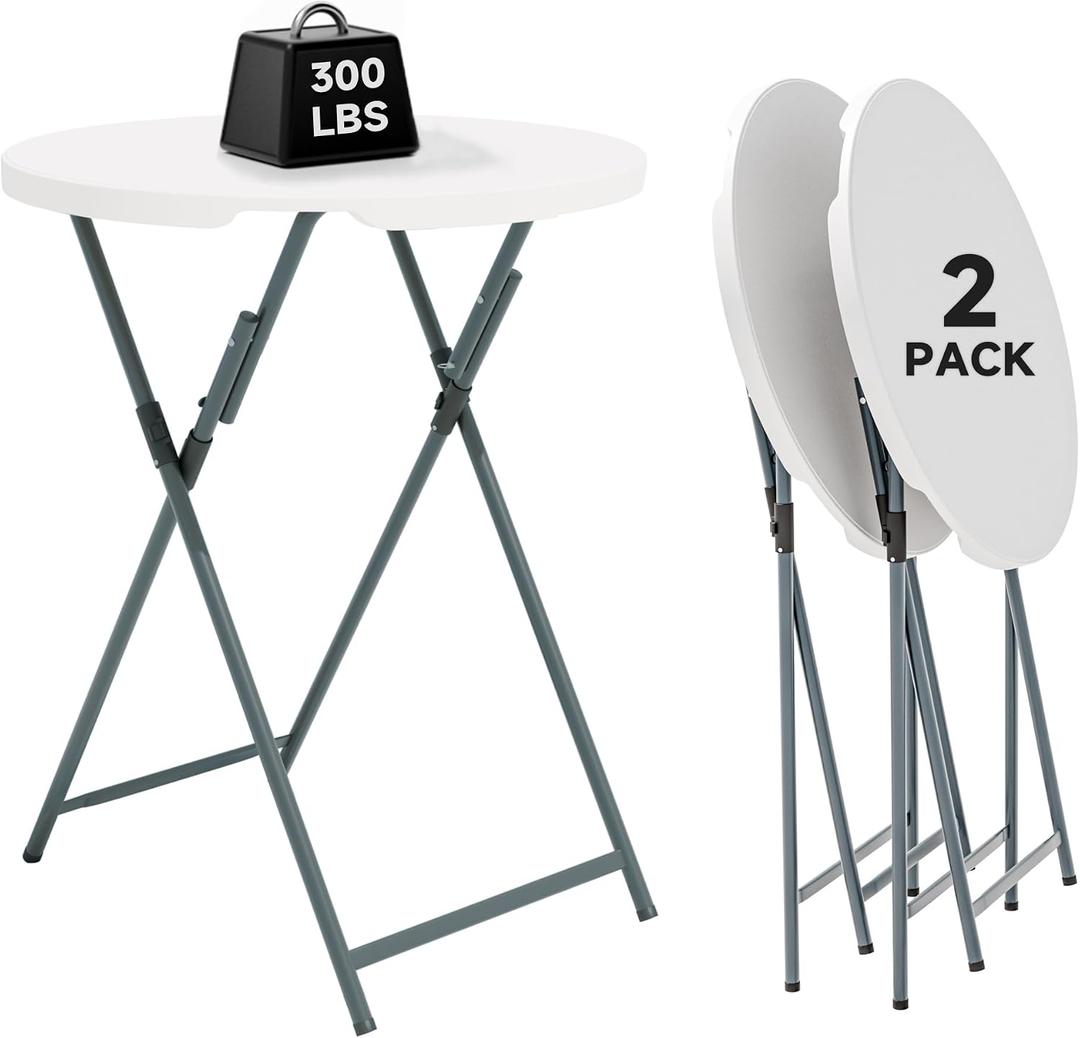 32" Round Folding Cocktail Table - HDPE Matrial Top with Steel Frame, Stable & Easy to Clean - High Top Table for Parties, Patio, Events, 2 Pack, White