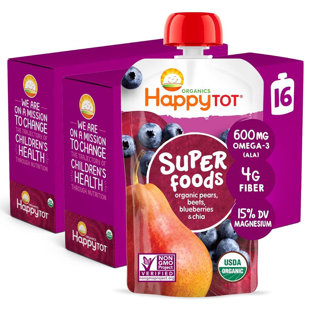 Happy Tot Organics Stage 4 Baby Food Pouches, Gluten Free, Vegan Snack, SuperFoods Fruit & Veggie Puree, Pears, Blueberries, Beets & Chia, 4.22 Ounce (Pack of 16), BBD: JULY 30, 2026
