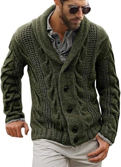 Mens Cable Knit Cardigan Sweater Shawl Collar Loose Fit Chunky Long Sleeve Casual Cardigans Winter Sweater Jacket Dark green L