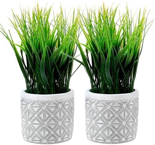 MyGift Artificial Grass Plant in Modern Gray Concrete Pot with Geometric Embossed Pattern, Tabletop Faux Greenery in Decorative Round Cement Planter, Set of 2