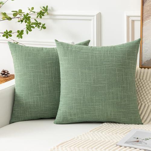 Kevin Textile Set of 2 Sage Green Pillow Covers 18 x 18 Inch Spring Farmhouse Boho Decorative Throw Pillow Covers Linen Cushion Covers for Sofa Couch Décor