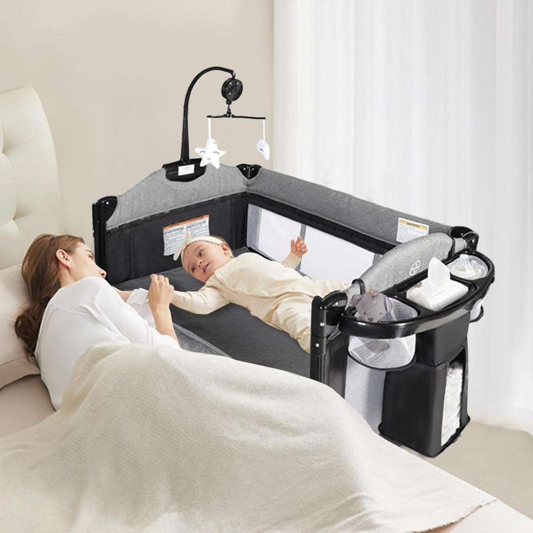 Kinder King 4 in 1 Portable Nursery Center, Foldable Baby Bedside Crib w/Bassinet, Infant Pack n Play Playard Toddler Large Playpen, Newborn Changing Table, Storage Basket, Side Zipper (Grey)